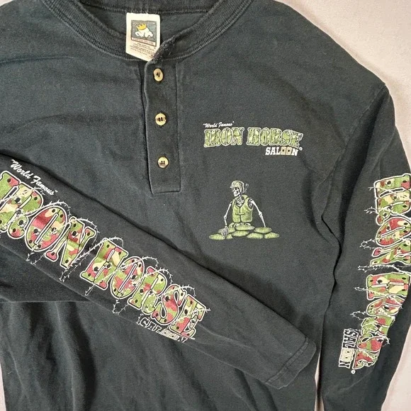 Vintage 1998 Iron Horse Saloon Henley Shirt Mens Medium Black Long Sleeve - Picture 2 of 8